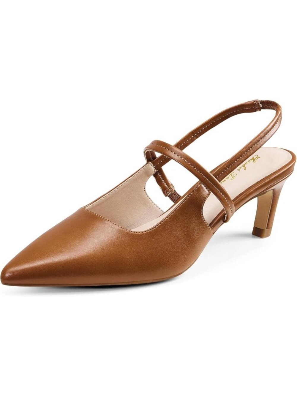 Women's Brown Chunky High Heel Slingback Low Pumps Pointed Closed Toe Shoes